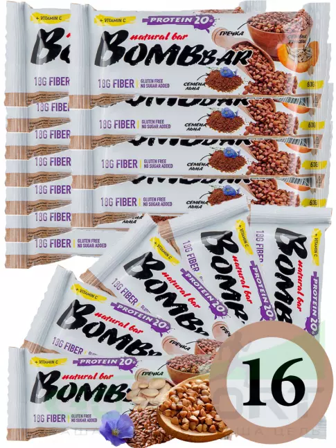 Протеиновый батончик BombBar Protein Bar 16 x 60 г, Гречишный Протеиновый батончик BombBar Protein Bar 16 x 60 г, Гречишный