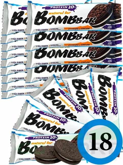 Протеиновый батончик BombBar Protein Bar 18 x 60 г, Печенье с кремом Протеиновый батончик BombBar Protein Bar 18 x 60 г, Печенье с кремом