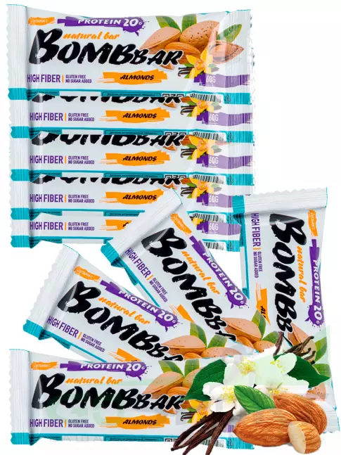 Протеиновый батончик BombBar Protein Bar 9 x 60 г, Миндаль-ваниль Протеиновый батончик BombBar Protein Bar 9 x 60 г, Миндаль-ваниль