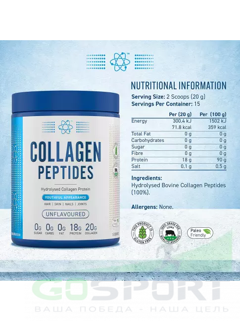 Коллаген гидролизованный APPLIED NUTRITION COLLAGEN PEPTIDES 300 гр, не ароматизированный Коллаген гидролизованный APPLIED NUTRITION COLLAGEN PEPTIDES 300 гр, не ароматизированный
