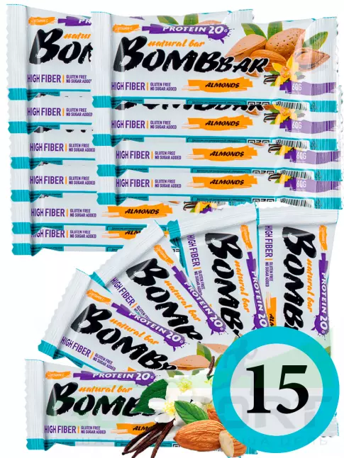 Протеиновый батончик BombBar Protein Bar 15 x 60 г, Миндаль-ваниль