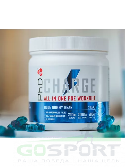 Предтреник в порошке PhD Nutrition Предтренировочный комплекс charge 300 г, Синие мишки гамми Предтреник в порошке PhD Nutrition Предтренировочный комплекс charge 300 г, Синие мишки гамми
