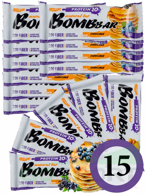 Протеиновый батончик BombBar Protein Bar 15 x 60 г, Смородиново-черничный панкейк Протеиновый батончик BombBar Protein Bar 15 x 60 г, Смородиново-черничный панкейк