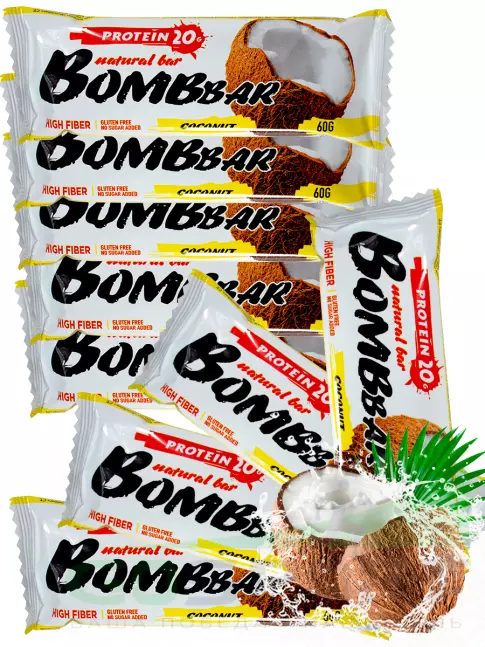 Протеиновый батончик BombBar Protein Bar 9 x 60 г, Кокос Протеиновый батончик BombBar Protein Bar 9 x 60 г, Кокос