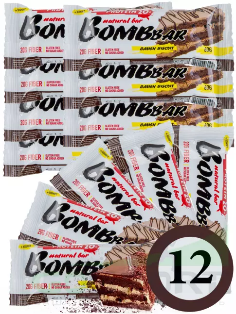 Протеиновый батончик BombBar Protein Bar 12 x 60 г, Датский бисквит Протеиновый батончик BombBar Protein Bar 12 x 60 г, Датский бисквит