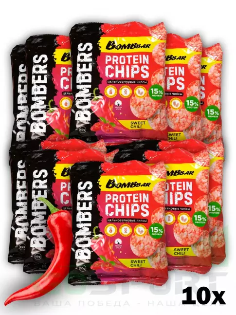 Чипсы BombBar Protein Chips 10 x 50 г, Сладкий чили Чипсы BombBar Protein Chips 10 x 50 г, Сладкий чили