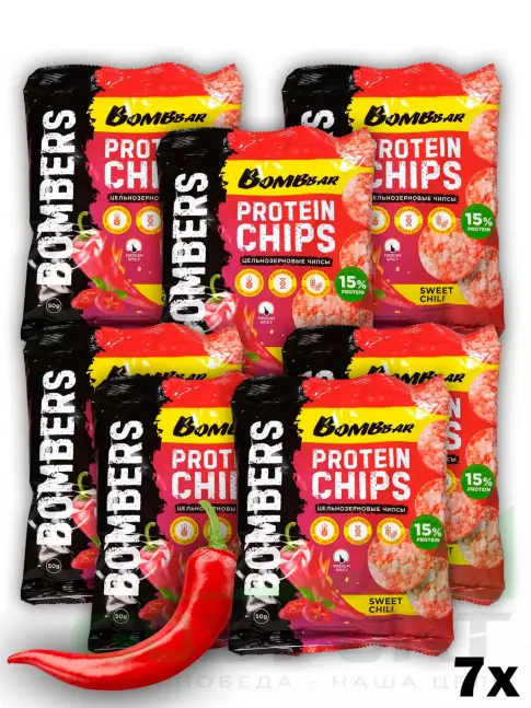 Чипсы BombBar Protein Chips 7 x 50 г, Сладкий чили Чипсы BombBar Protein Chips 7 x 50 г, Сладкий чили