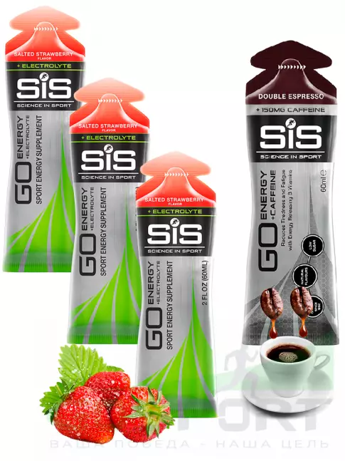 Гель питьевой SCIENCE IN SPORT (SiS) GO Energy MIX-31 4 x 60 мл, Солёная Клубника, Двойной эспрессо Гель питьевой SCIENCE IN SPORT (SiS) GO Energy MIX-31 4 x 60 мл, Солёная Клубника, Двойной эспрессо
