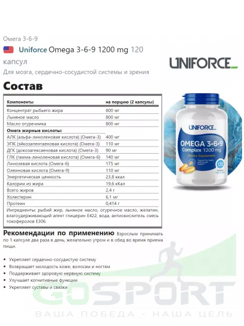 Омега-3 UNIFORCE Omega 3-6-9 1200 mg 120 капсул Омега-3 UNIFORCE Omega 3-6-9 1200 mg 120 капсул
