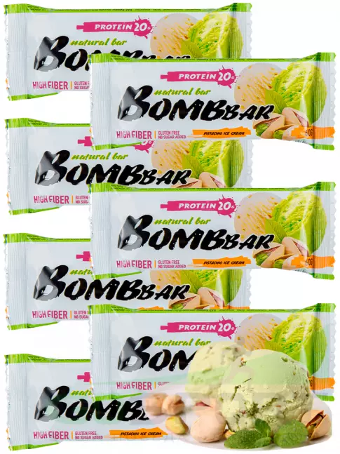 Протеиновый батончик BombBar Protein Bar 7 x 60 г, Фисташковый-Пломбир Протеиновый батончик BombBar Protein Bar 7 x 60 г, Фисташковый-Пломбир