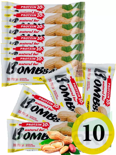Протеиновый батончик BombBar Протеиновый батончик Natural Bar 10 x 60 г, Арахис
