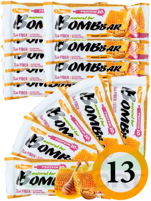 Протеиновый батончик BombBar Protein Bar 13 x 60 г, Грецкий орех с медом Протеиновый батончик BombBar Protein Bar 13 x 60 г, Грецкий орех с медом