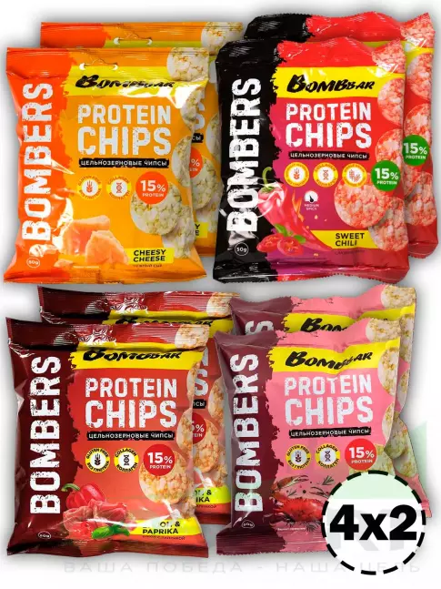 Чипсы BombBar Protein Chips 8 x 50 г, Микс Чипсы BombBar Protein Chips 8 x 50 г, Микс