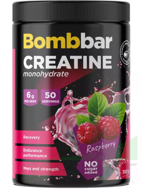 Креатин моногидрат BombBar Creatine monohydrate 5000 mg 300 г, Малина Креатин моногидрат BombBar Creatine monohydrate 5000 mg 300 г, Малина