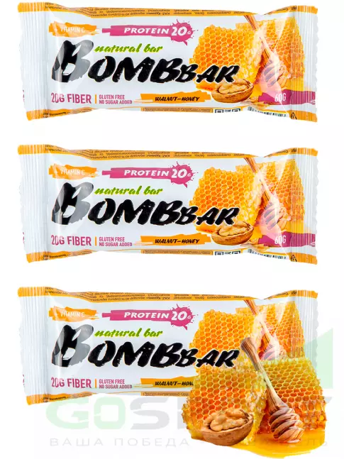 Протеиновый батончик BombBar Протеиновый батончик Natural Bar 3 x 60 г, Грецкий орех с медом