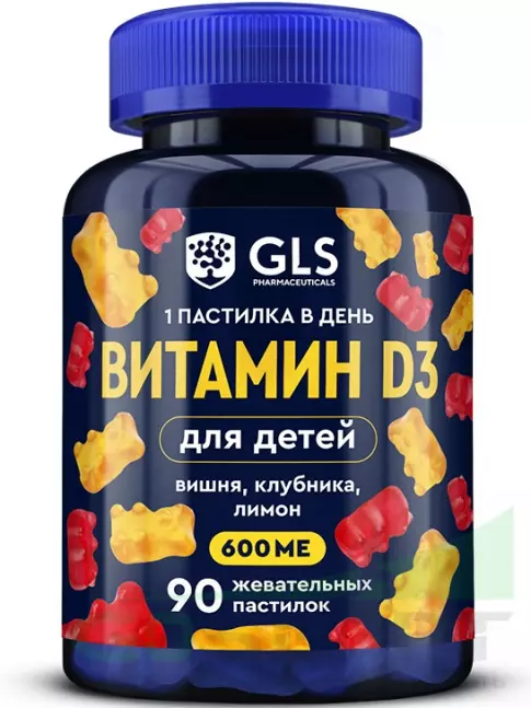 Витамин D GLS pharmaceuticals Витамин D3 для детей 90 жевательных пастилок, Клубника, Вишня, Лимон Витамин D GLS pharmaceuticals Витамин D3 для детей 90 жевательных пастилок, Клубника, Вишня, Лимон
