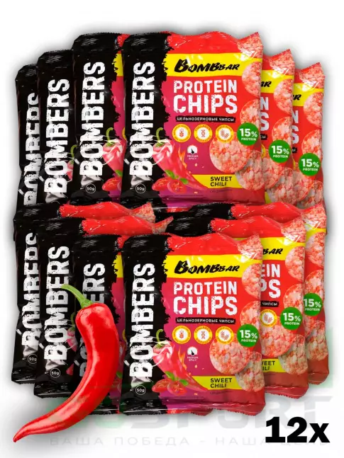 Чипсы BombBar Protein Chips 12 x 50 г, Сладкий чили Чипсы BombBar Protein Chips 12 x 50 г, Сладкий чили