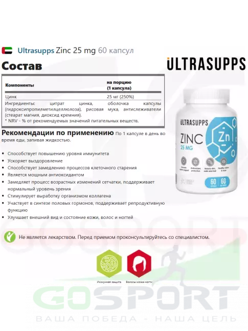 Цинк UltraSupps Zinc 25 mg 60 капсул