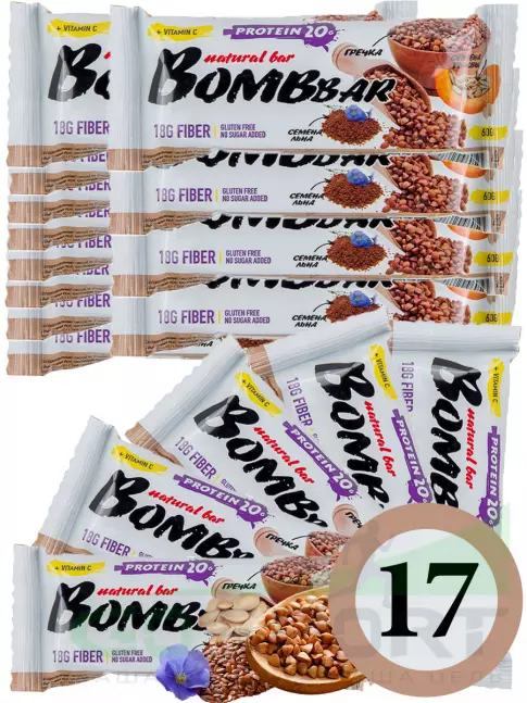Протеиновый батончик BombBar Protein Bar 17 x 60 г, Гречишный Протеиновый батончик BombBar Protein Bar 17 x 60 г, Гречишный