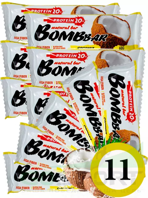 Протеиновый батончик BombBar Protein Bar 11 x 60 г, Кокос Протеиновый батончик BombBar Protein Bar 11 x 60 г, Кокос