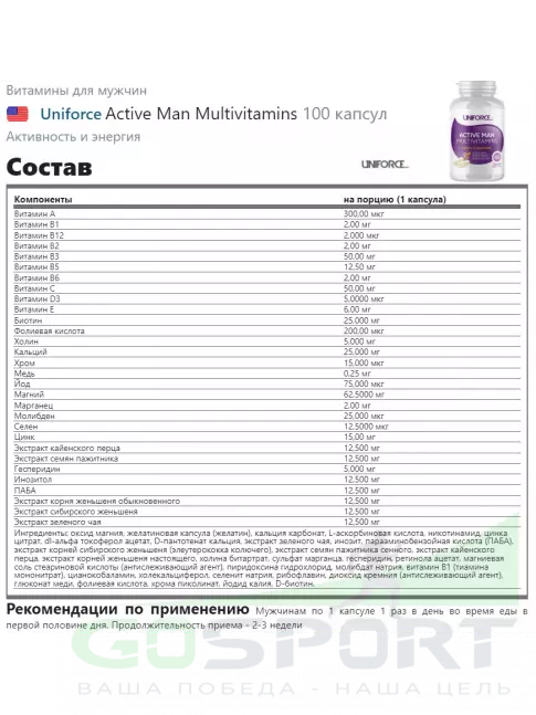 Витамины для мужчин UNIFORCE Active Man Multivitamins 100 капсул Витамины для мужчин UNIFORCE Active Man Multivitamins 100 капсул