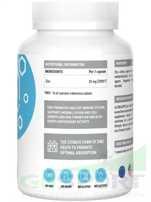 Цинк UltraSupps Zinc 25 mg 60 капсул