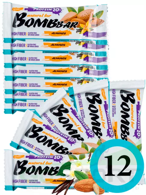 Протеиновый батончик BombBar Protein Bar 12 x 60 г, Миндаль-ваниль Протеиновый батончик BombBar Protein Bar 12 x 60 г, Миндаль-ваниль