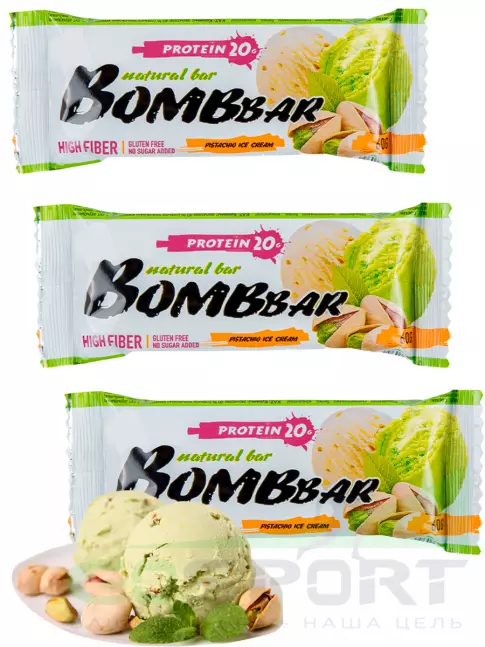 Протеиновый батончик BombBar Протеиновый батончик Natural Bar 3 x 60 г, Фисташковый пломбир