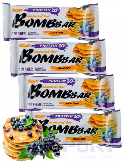Протеиновый батончик BombBar Protein Bar 4 x 60 г, Смородиново-черничный панкейк Протеиновый батончик BombBar Protein Bar 4 x 60 г, Смородиново-черничный панкейк