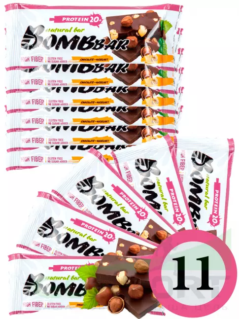 Протеиновый батончик BombBar Protein Bar 11 x 60 г, Шоколад - Фундук Протеиновый батончик BombBar Protein Bar 11 x 60 г, Шоколад - Фундук