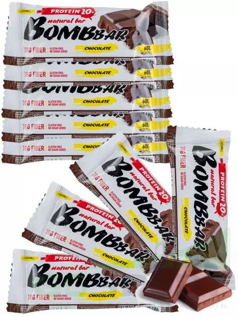 Протеиновый батончик BombBar Protein Bar 9 x 60 г, Двойной шоколад Протеиновый батончик BombBar Protein Bar 9 x 60 г, Двойной шоколад