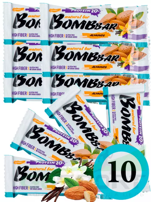 Протеиновый батончик BombBar Протеиновый батончик Natural Bar 10 x 60 г, Миндаль-ваниль