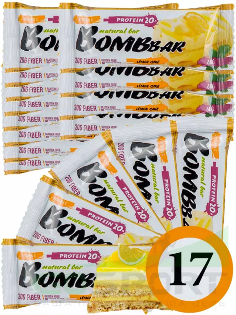 Протеиновый батончик BombBar Protein Bar 17 x 60 г, Лимонный торт Протеиновый батончик BombBar Protein Bar 17 x 60 г, Лимонный торт
