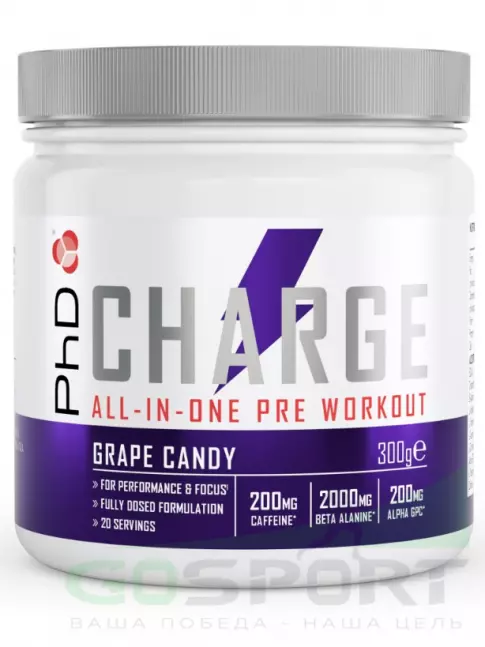 Предтреник в порошке PhD Nutrition Предтренировочный комплекс charge 300 г, Виноградные конфеты Предтреник в порошке PhD Nutrition Предтренировочный комплекс charge 300 г, Виноградные конфеты