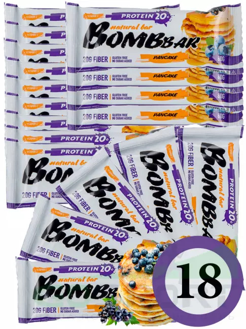 Протеиновый батончик BombBar Protein Bar 18 x 60 г, Смородиново-черничный панкейк Протеиновый батончик BombBar Protein Bar 18 x 60 г, Смородиново-черничный панкейк
