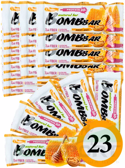 Протеиновый батончик BombBar Protein Bar 23 x 60 г, Грецкий орех с медом Протеиновый батончик BombBar Protein Bar 23 x 60 г, Грецкий орех с медом