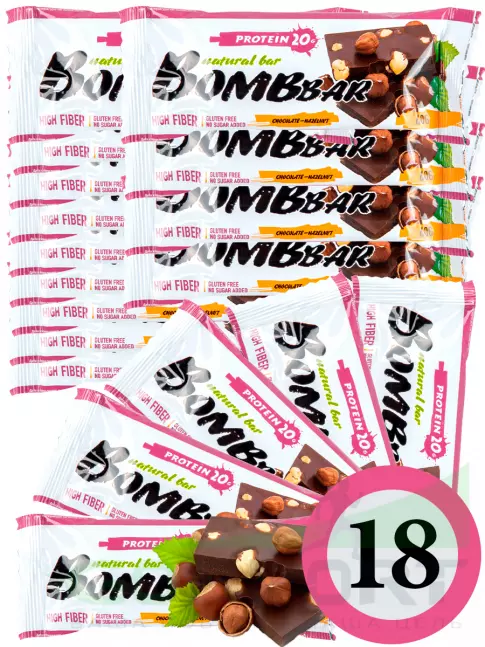 Протеиновый батончик BombBar Protein Bar 18 x 60 г, Шоколад - Фундук Протеиновый батончик BombBar Protein Bar 18 x 60 г, Шоколад - Фундук