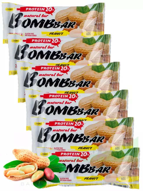 Протеиновый батончик BombBar Protein Bar 6 x 60 г, Арахис Протеиновый батончик BombBar Protein Bar 6 x 60 г, Арахис