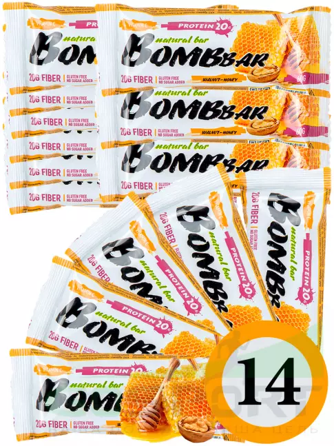 Протеиновый батончик BombBar Protein Bar 14 x 60 г, Грецкий орех с медом Протеиновый батончик BombBar Protein Bar 14 x 60 г, Грецкий орех с медом