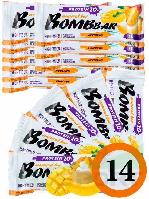 Протеиновый батончик BombBar Protein Bar 14 x 60 г, Пудинг с ароматом манго и банана Протеиновый батончик BombBar Protein Bar 14 x 60 г, Пудинг с ароматом манго и банана