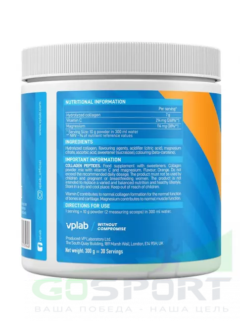 Коллаген гидролизованный VP Laboratory Collagen Peptides 300 г, Апельсин Коллаген гидролизованный VP Laboratory Collagen Peptides 300 г, Апельсин