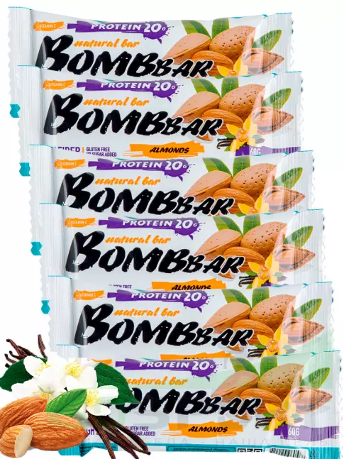 Протеиновый батончик BombBar Протеиновый батончик Natural Bar 5 x 60 г, Миндаль-ваниль Протеиновый батончик BombBar Протеиновый батончик Natural Bar 5 x 60 г, Миндаль-ваниль