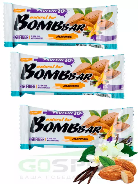 Протеиновый батончик BombBar Протеиновый батончик Natural Bar 3 x 60 г, Миндаль-ваниль Протеиновый батончик BombBar Протеиновый батончик Natural Bar 3 x 60 г, Миндаль-ваниль