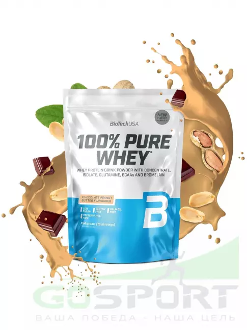 Сывороточный протеин BioTechUSA 100% Pure Whey 454 г, Шоколад-арахисовая паста Сывороточный протеин BioTechUSA 100% Pure Whey 454 г, Шоколад-арахисовая паста