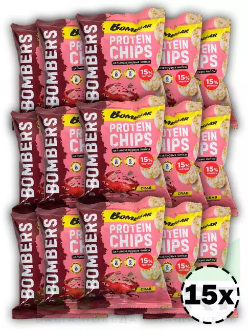 Чипсы BombBar Protein Chips 15 x 50 г, Краб Чипсы BombBar Protein Chips 15 x 50 г, Краб
