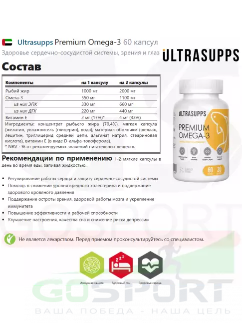 Омега-3 UltraSupps Premium Omega-3 60 капсул Омега-3 UltraSupps Premium Omega-3 60 капсул