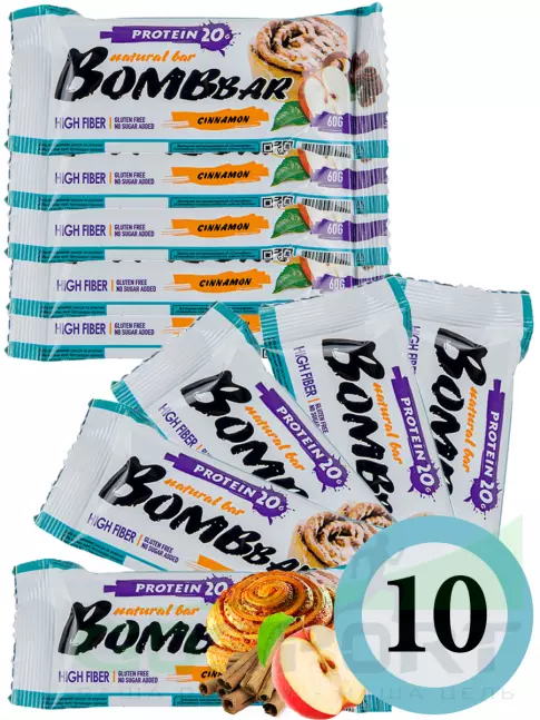 Протеиновый батончик BombBar Протеиновый батончик Natural Bar 10 x 60 г, Яблоко - Корица Протеиновый батончик BombBar Протеиновый батончик Natural Bar 10 x 60 г, Яблоко - Корица