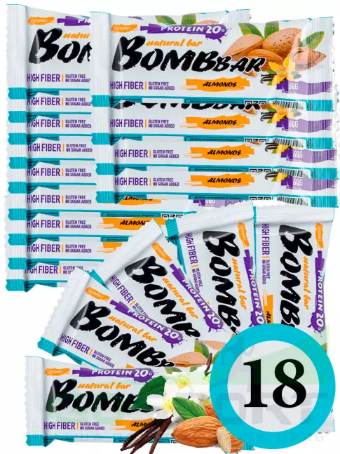 Протеиновый батончик BombBar Protein Bar 18 x 60 г, Миндаль-ваниль Протеиновый батончик BombBar Protein Bar 18 x 60 г, Миндаль-ваниль
