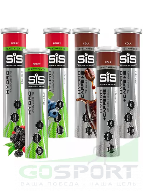 Изотоник SCIENCE IN SPORT (SiS) GO Hydro Tablet 20s_3 6 x 20 таблеток, Ягоды, Кола Изотоник SCIENCE IN SPORT (SiS) GO Hydro Tablet 20s_3 6 x 20 таблеток, Ягоды, Кола