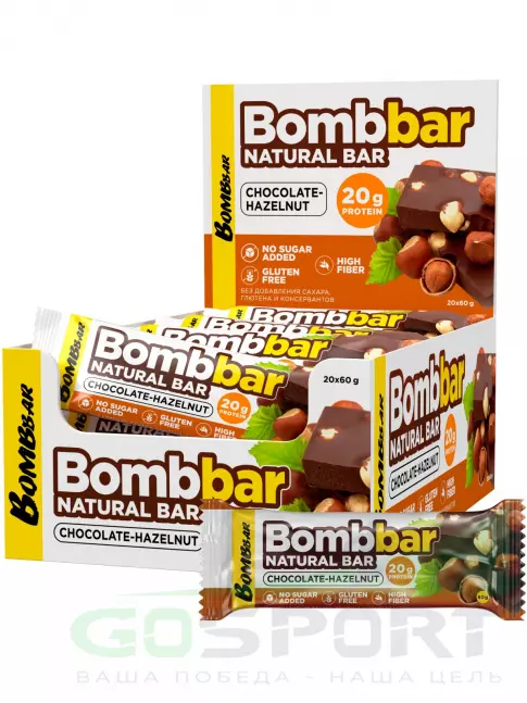 Протеиновый батончик BombBar Протеиновый батончик Natural Bar 20 x 60 г, Шоколад-Фундук Протеиновый батончик BombBar Протеиновый батончик Natural Bar 20 x 60 г, Шоколад-Фундук